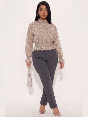 Fashion Nova Beige Floral Smocked Peplum Blouse
